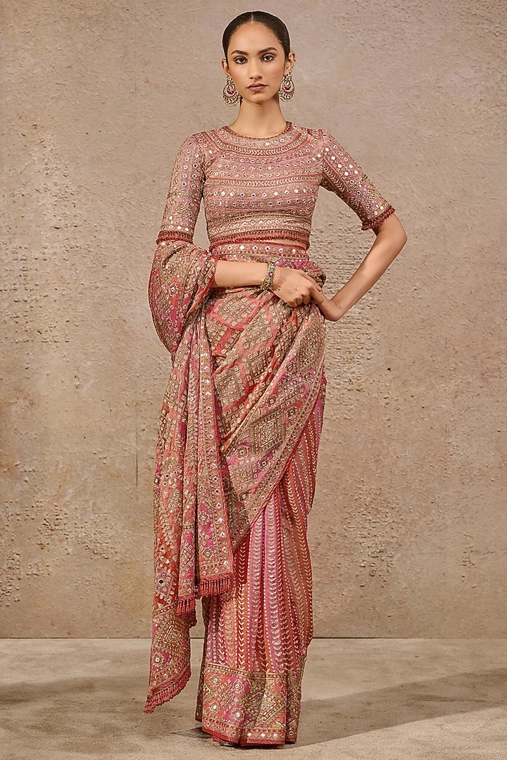 Multi-Colored Tissue Georgette Hand Embroidered Bridal Saree Set by Tarun Tahiliani at Pernia's Pop Up Shop
