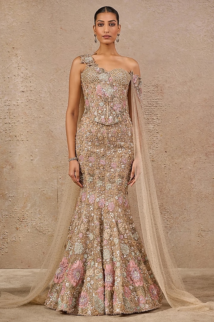 Multi-Colored Tulle Hand Embroidered Fish-Tail Bridal Lehenga Set by Tarun Tahiliani at Pernia's Pop Up Shop