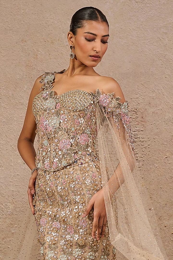 Multi-Colored Tulle Hand Embroidered Fish-Tail Bridal Lehenga Set by Tarun Tahiliani at Pernia's Pop Up Shop