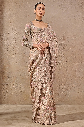 Multi-Colored Tulle Hand Embroidered Saree Set by Tarun Tahiliani