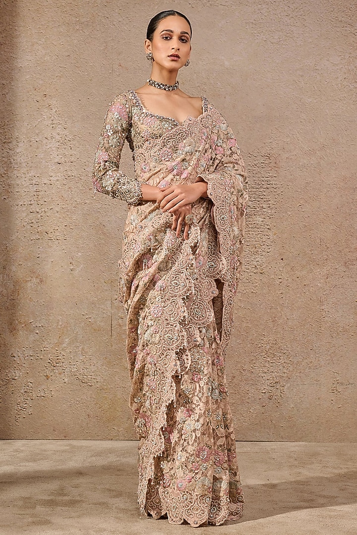 Multi-Colored Tulle Hand Embroidered Bridal Saree Set by Tarun Tahiliani at Pernia's Pop Up Shop