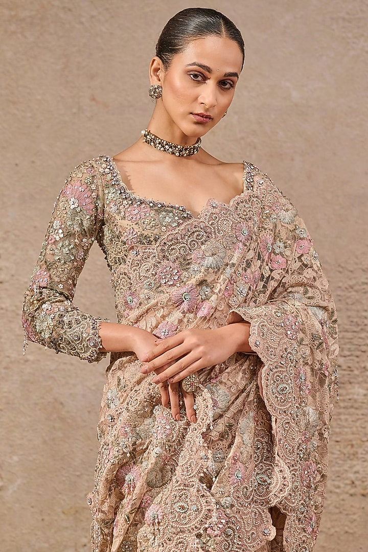 Multi-Colored Tulle Hand Embroidered Bridal Saree Set by Tarun Tahiliani at Pernia's Pop Up Shop
