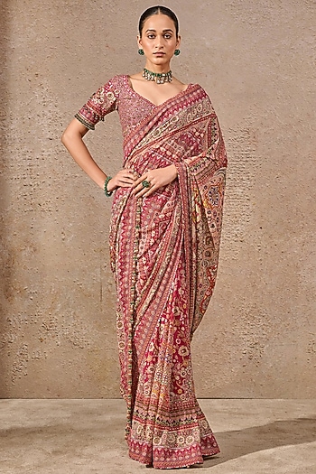 Red Georgette Sequins Embroidered Saree Set by Tarun Tahiliani