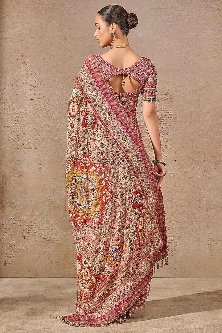 Red Georgette Sequins Embroidered Bridal Saree Set by Tarun Tahiliani at Pernia's Pop Up Shop