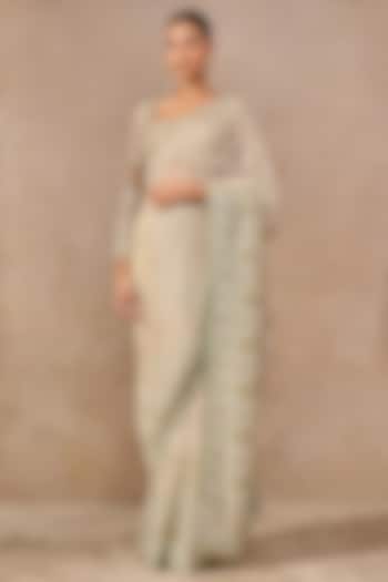 Aqua & Gold Tulle Hand Embroidered Bridal Saree Set by Tarun Tahiliani at Pernia's Pop Up Shop