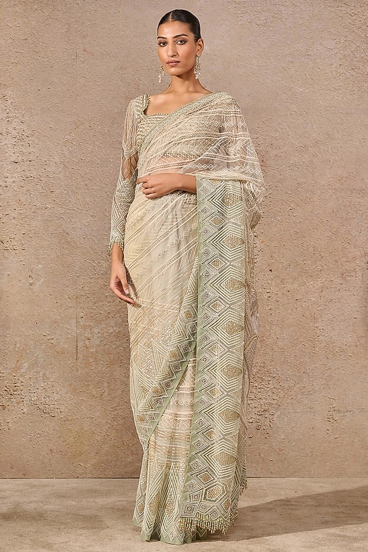 Aqua & Gold Tulle Hand Embroidered Bridal Saree Set by Tarun Tahiliani at Pernia's Pop Up Shop