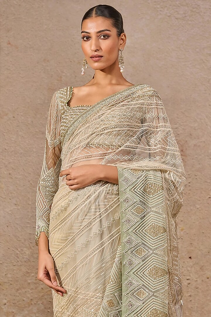 Aqua & Gold Tulle Hand Embroidered Bridal Saree Set by Tarun Tahiliani at Pernia's Pop Up Shop