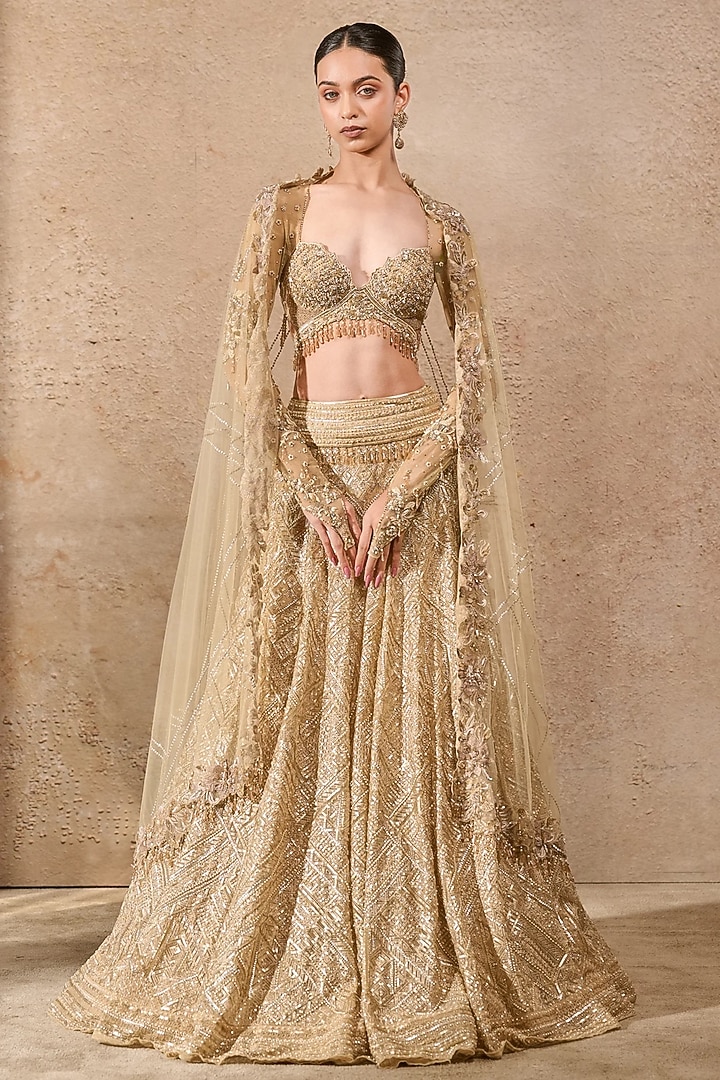 Ivory & Gold Tulle Net Sequins Embroidered Bridal Lehenga Set by Tarun Tahiliani at Pernia's Pop Up Shop
