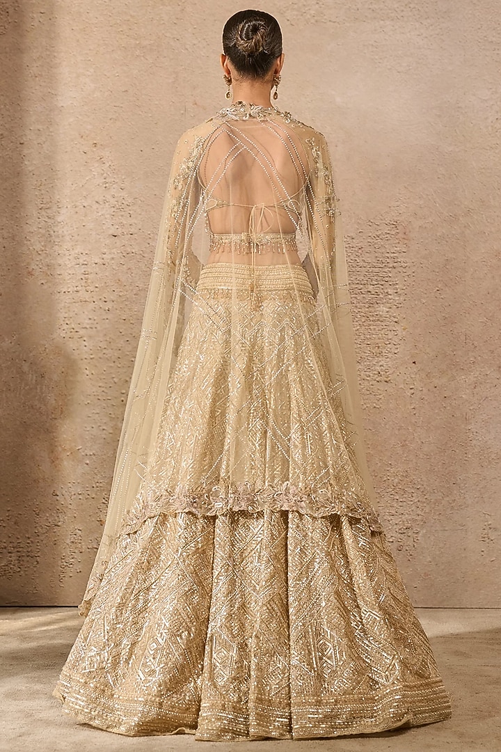 Ivory & Gold Tulle Net Sequins Embroidered Bridal Lehenga Set by Tarun Tahiliani at Pernia's Pop Up Shop