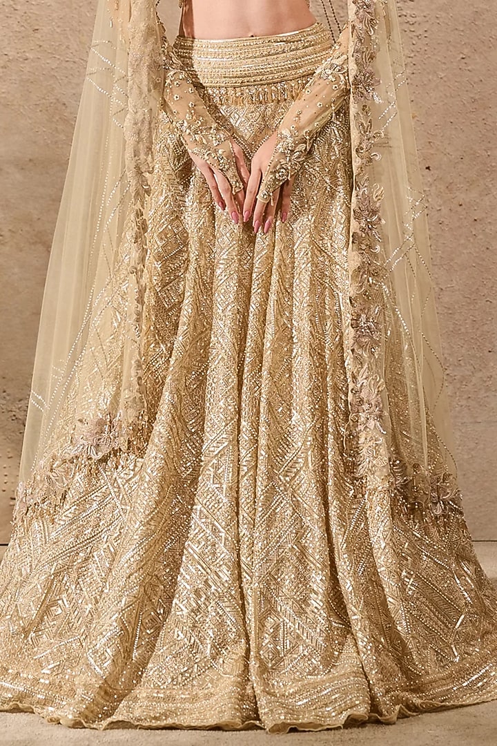 Ivory & Gold Tulle Net Sequins Embroidered Bridal Lehenga Set by Tarun Tahiliani at Pernia's Pop Up Shop