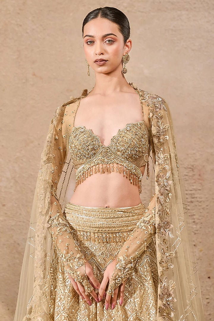 Ivory & Gold Tulle Net Sequins Embroidered Bridal Lehenga Set by Tarun Tahiliani at Pernia's Pop Up Shop
