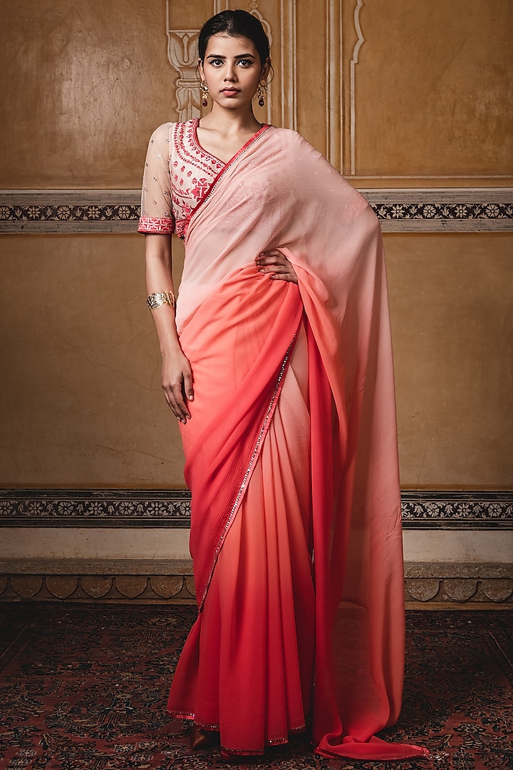 Coral Embroidered Ombre Saree Set by Tarun Tahiliani