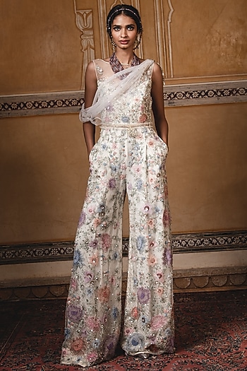 Ivory Embroidered Drape Jumpsuit by Tarun Tahiliani