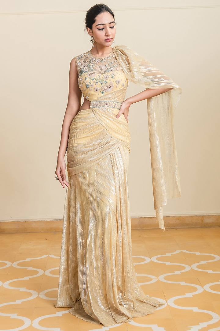 Yellow Embroidered Draped Dress by Tarun Tahiliani