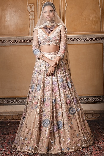Peach Embroidered Kalidar Lehenga Set by Tarun Tahiliani