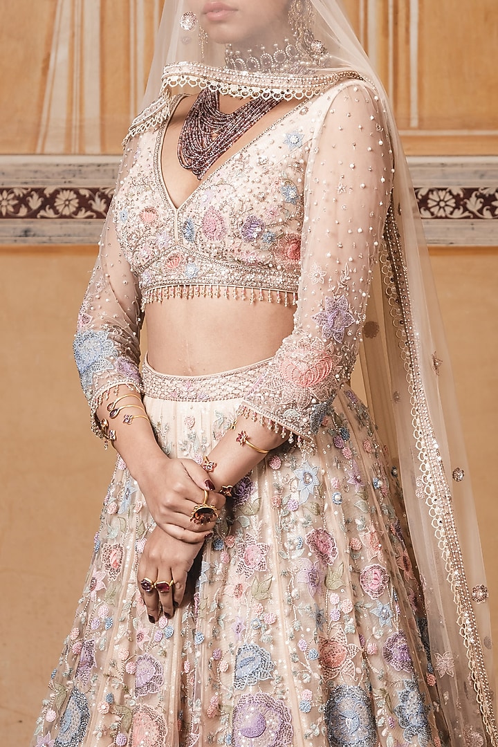 Peach Embroidered Kalidar Bridal Lehenga Set by Tarun Tahiliani at Pernia's Pop Up Shop