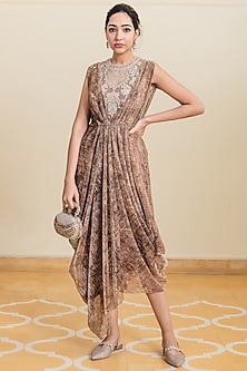 Gold Embroidered & Printed Draped Dress Design by Tarun Tahiliani at ...