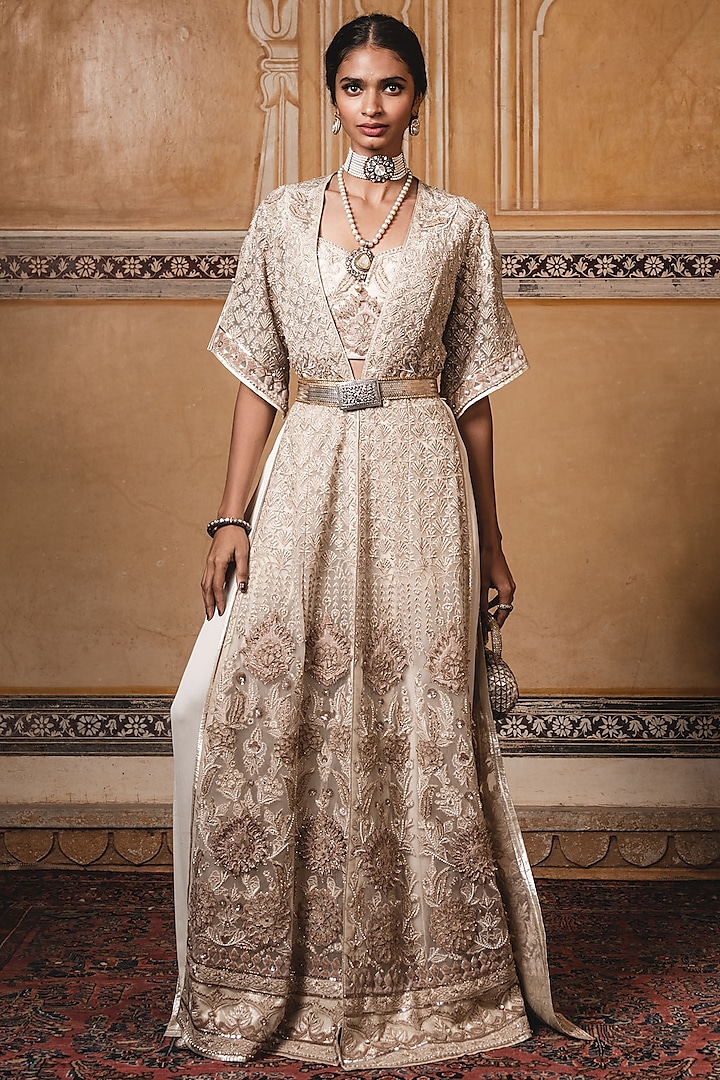 Ivory Embroidered Jacket With Bustier & Palazzo Pants by Tarun Tahiliani