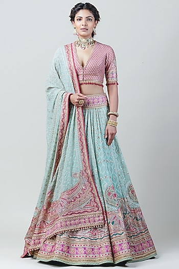 Jade Green & Red Embroidered Lehenga Set by Tarun Tahiliani