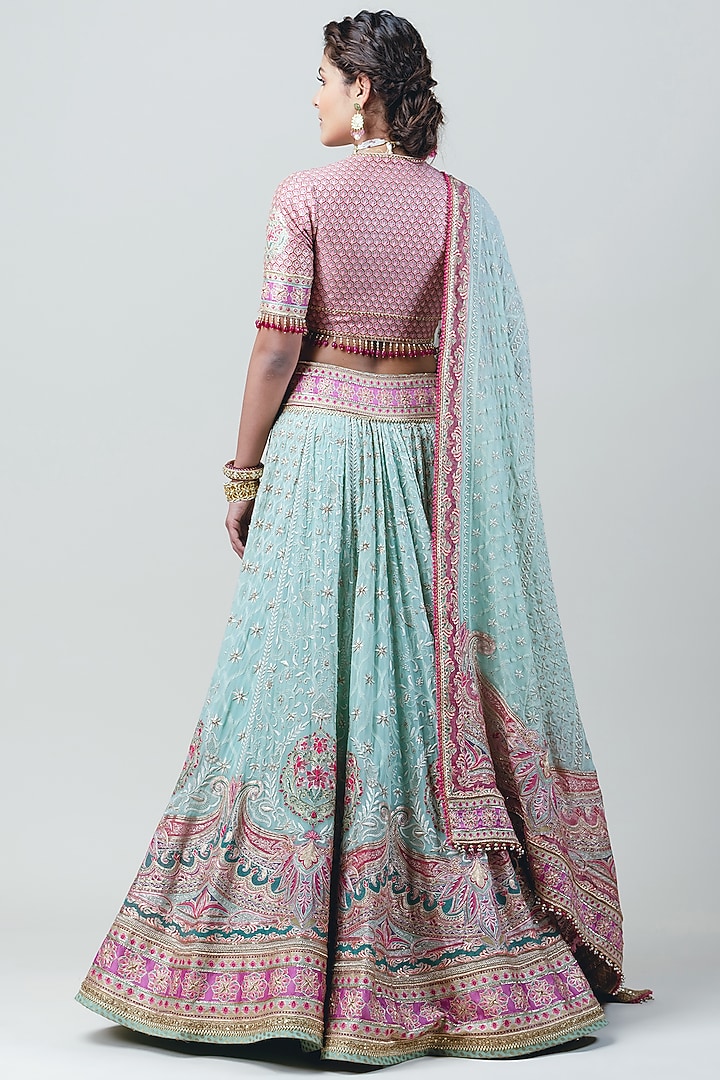 Jade Green & Red Embroidered Bridal Lehenga Set by Tarun Tahiliani at Pernia's Pop Up Shop
