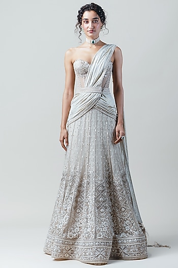 Ivory Embroidered Lehenga Saree Set by Tarun Tahiliani