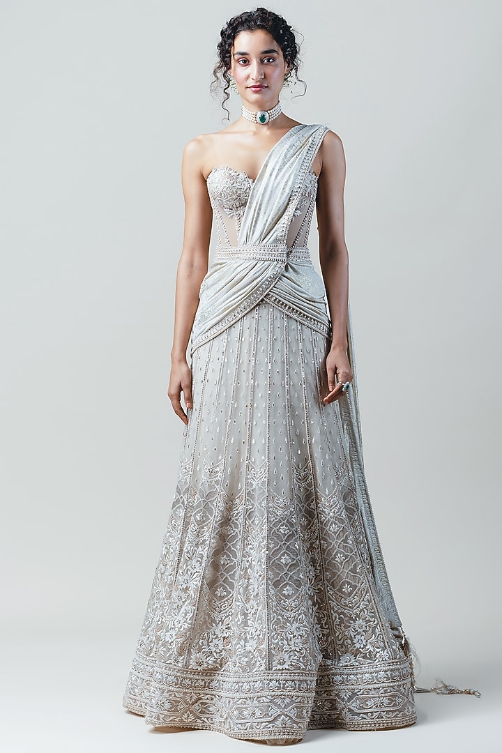 Ivory Embroidered Bridal Lehenga Saree Set by Tarun Tahiliani at Pernia's Pop Up Shop