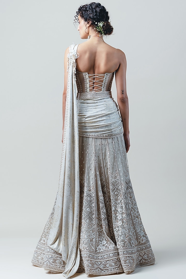 Ivory Embroidered Bridal Lehenga Saree Set by Tarun Tahiliani at Pernia's Pop Up Shop