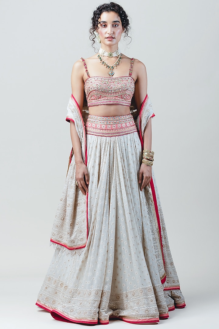 Ivory & Pink Embroidered Lehenga Set by Tarun Tahiliani