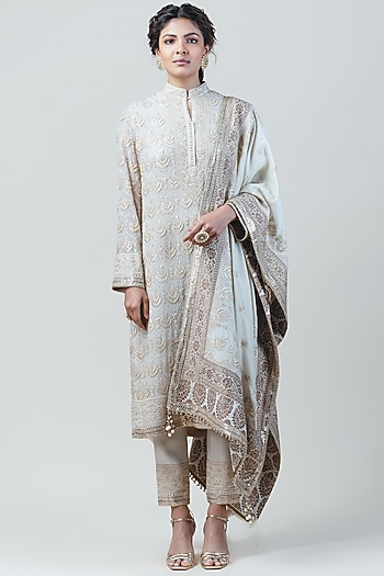 Beige Embroidered Kurta Set by Tarun Tahiliani