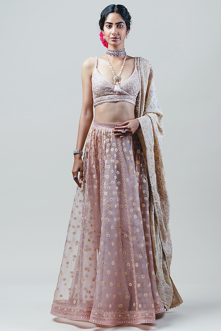 Old Rose Chikankari Embroidered Bridal Lehenga Set by Tarun Tahiliani at Pernia's Pop Up Shop