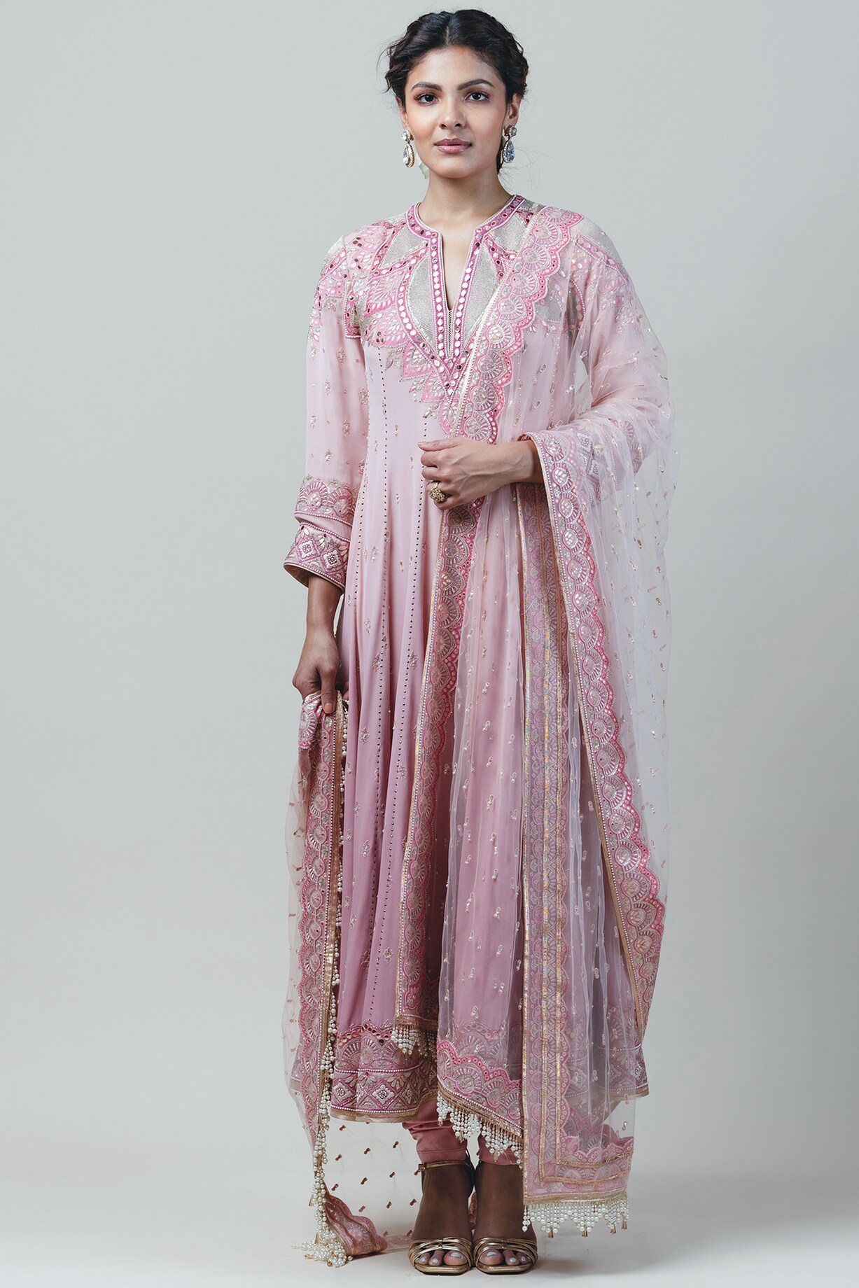 Pastel Pink Beads and Crystal Embellished Kalidar Flared Gown