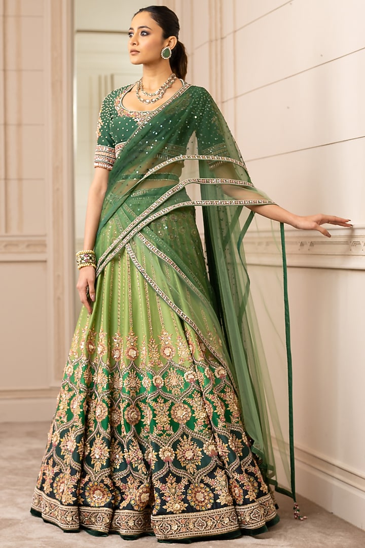 Mehendi Green Shaded Printed & Embroidered Bridal Lehenga Set by Tarun Tahiliani at Pernia's Pop Up Shop