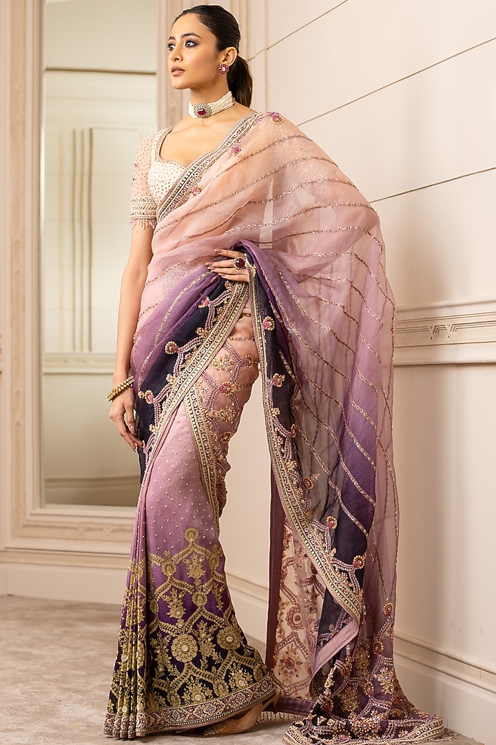 Peach & Purple Ombre Embroidered Bridal Saree Set by Tarun Tahiliani at Pernia's Pop Up Shop