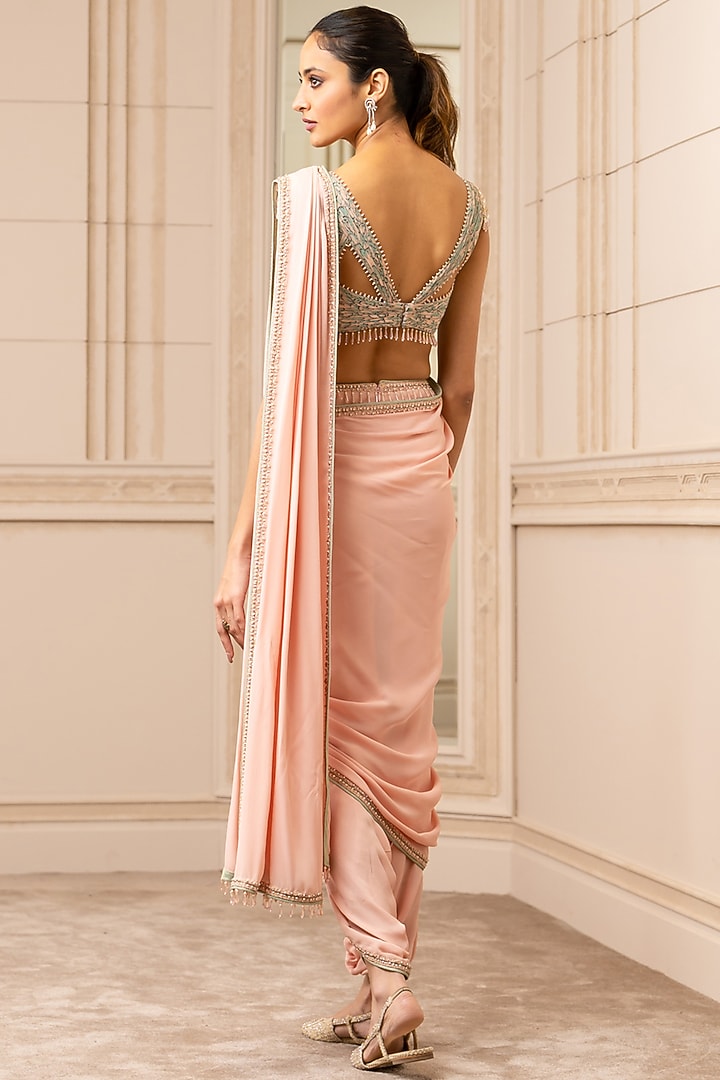 Blush Peach Printed & Embroidered Draped Dhoti Reception Saree Set by Tarun Tahiliani at Pernia's Pop Up Shop