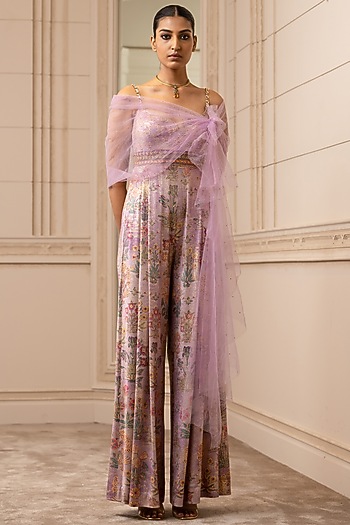 Lilac Floral Printed Jumpsuit With Drape by Tarun Tahiliani