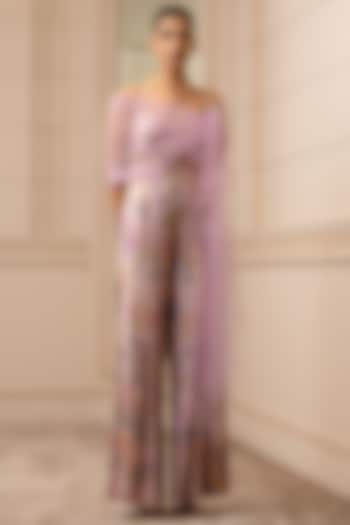 Lilac Floral Printed Jumpsuit With Drape by Tarun Tahiliani