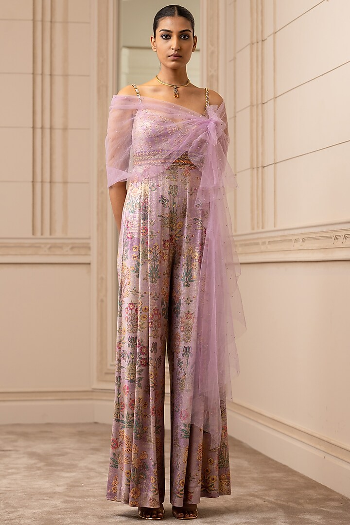 Lilac Floral Printed Jumpsuit With Drape by Tarun Tahiliani