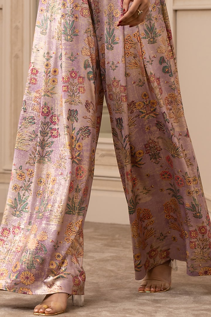 Lilac Floral Printed Jumpsuit With Drape by Tarun Tahiliani at Pernia's Pop Up Shop