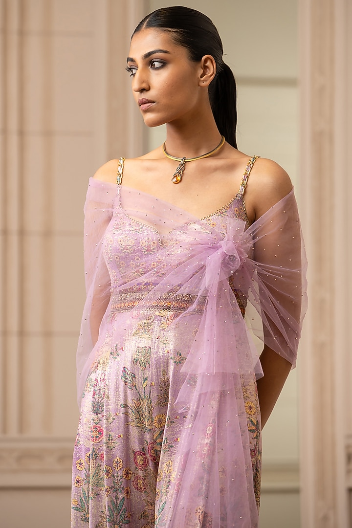 Lilac Floral Printed Jumpsuit With Drape by Tarun Tahiliani at Pernia's Pop Up Shop