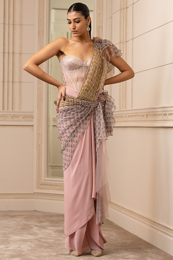 Blush Pink Printed & Embellished Draped Concept Saree Set by Tarun Tahiliani