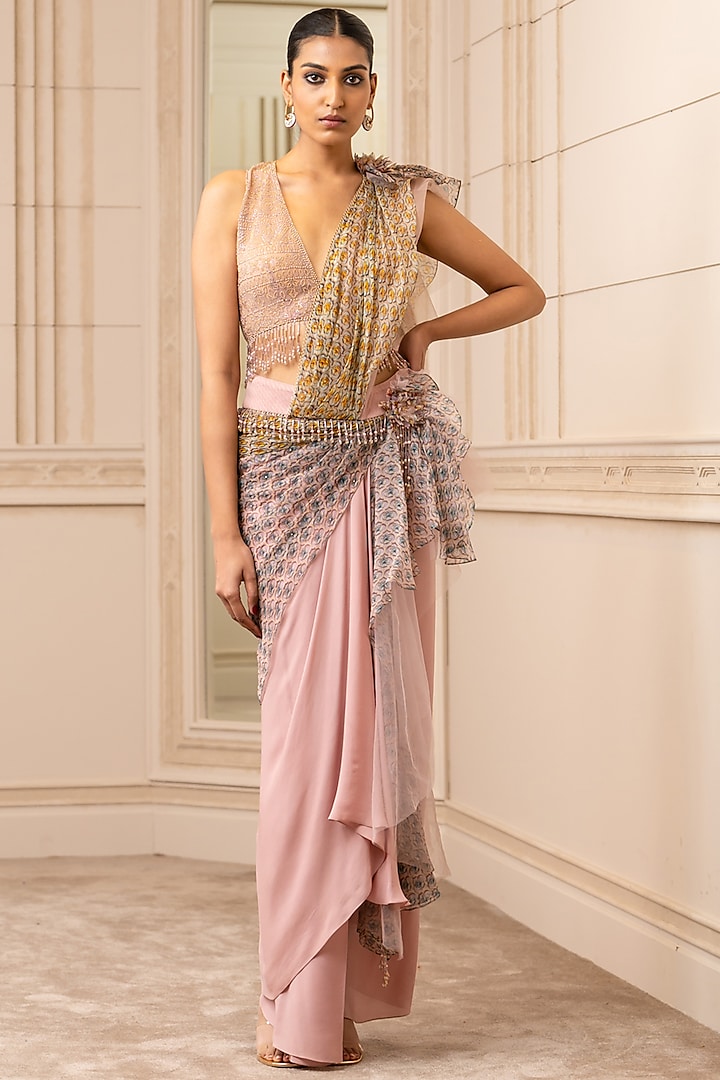 Blush Pink Printed Draped Concept Saree Set by Tarun Tahiliani