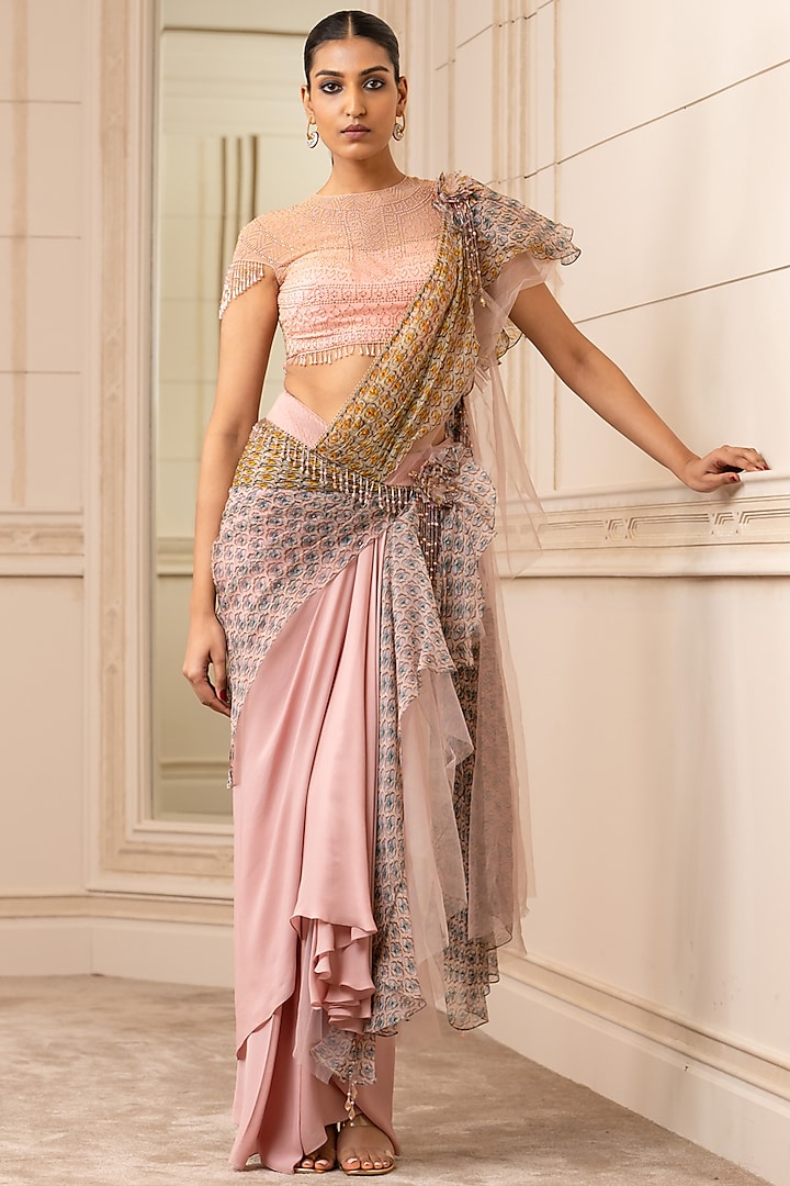 Blush Pink Draped Concept Saree Set With Print by Tarun Tahiliani