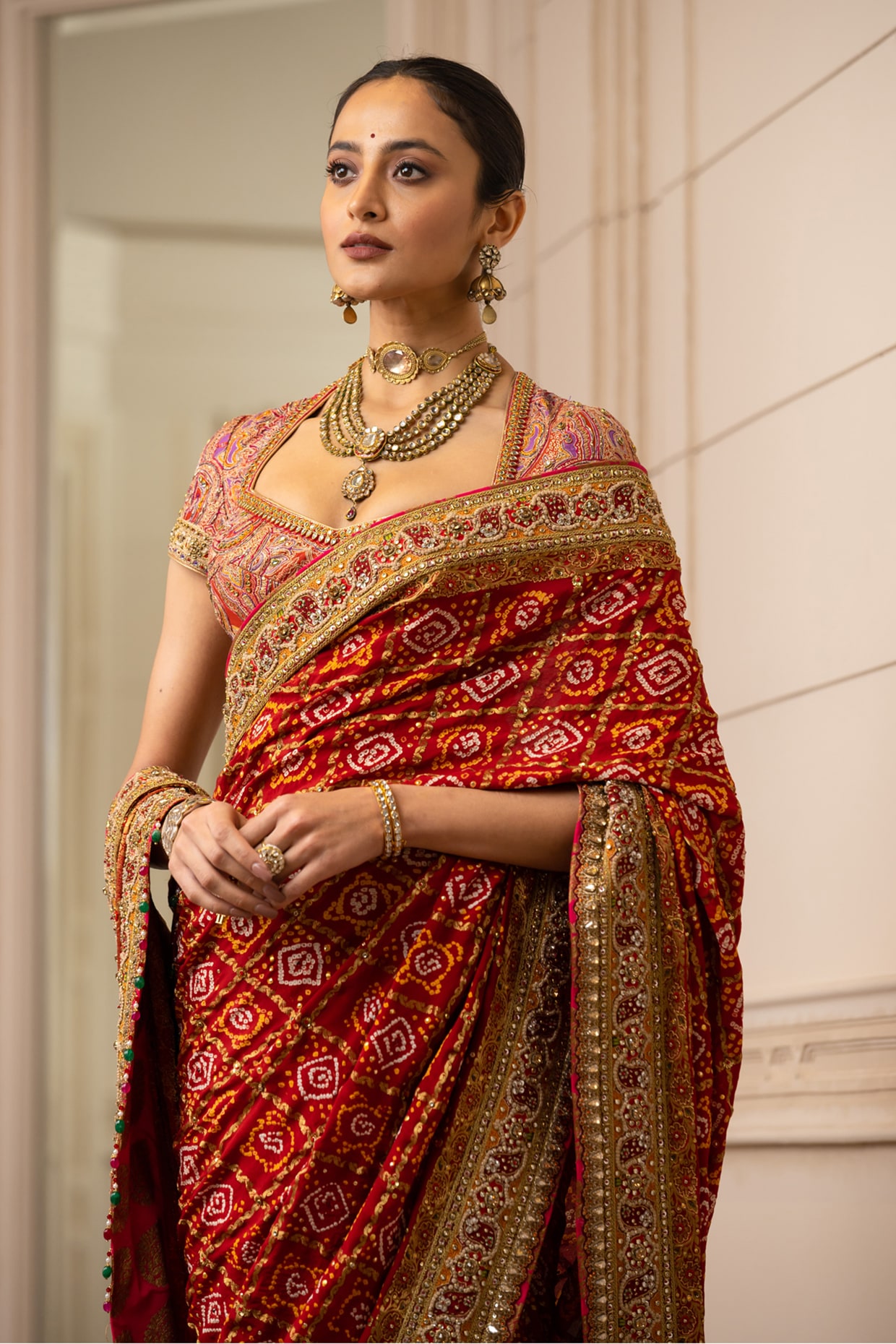 Deep Red Multi Resham Zari Woven Bandhani Pure Upada Silk Saree -ALBIS  Online