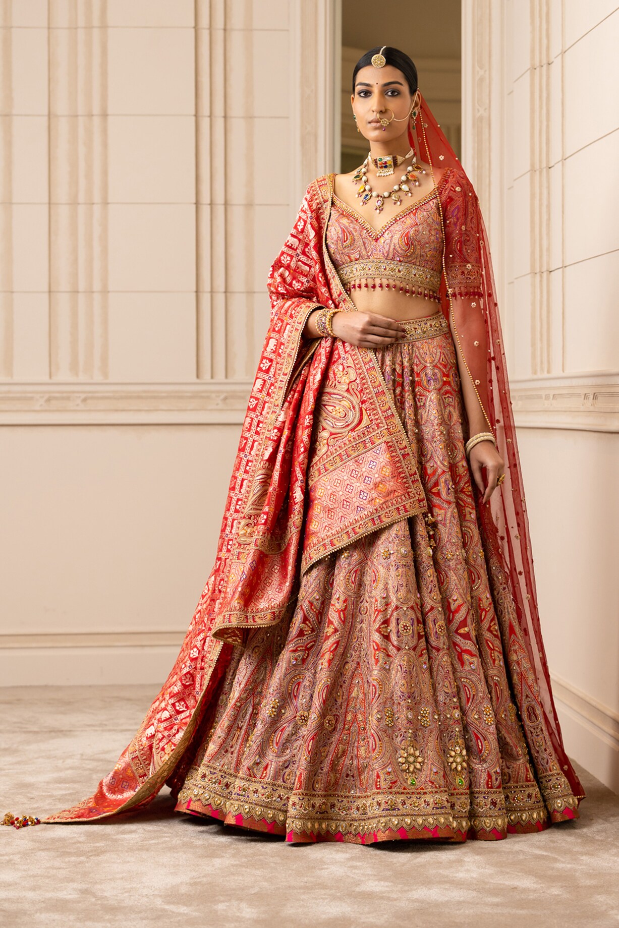 Red and Gold Embroidered Halter Neck Lehenga Set main image 0
