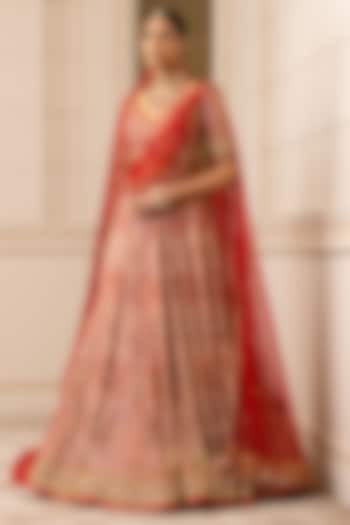Red & Gold Kashida Embroidered Bridal Lehenga Set With Veil by Tarun Tahiliani at Pernia's Pop Up Shop