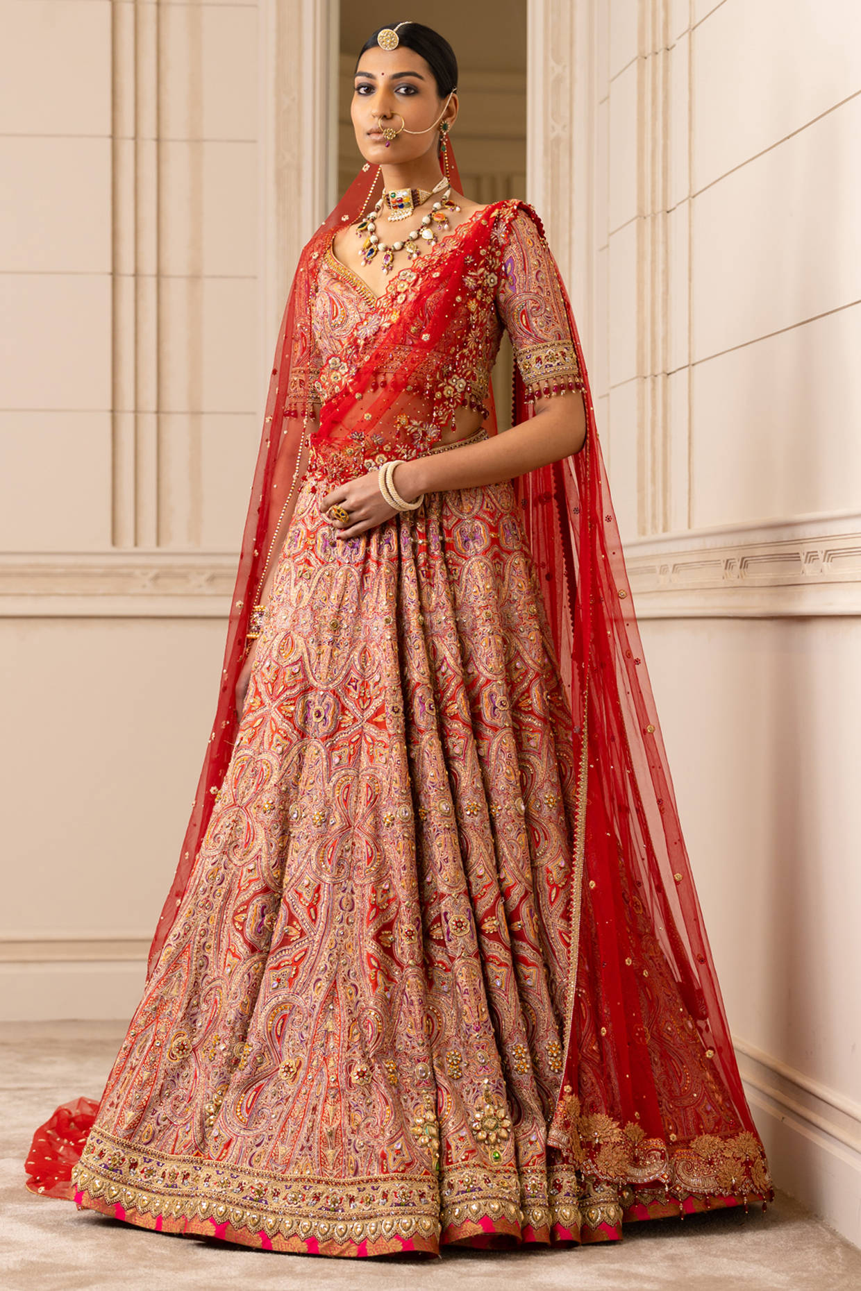 Red & Gold Kashida Embroidered Lehenga Set With Veil by Tarun Tahiliani