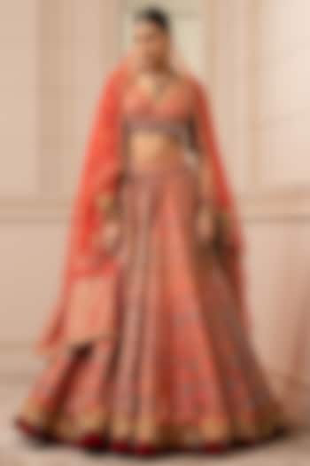 Red Printed & Embroidered Bridal Lehenga Set With Veil by Tarun Tahiliani at Pernia's Pop Up Shop