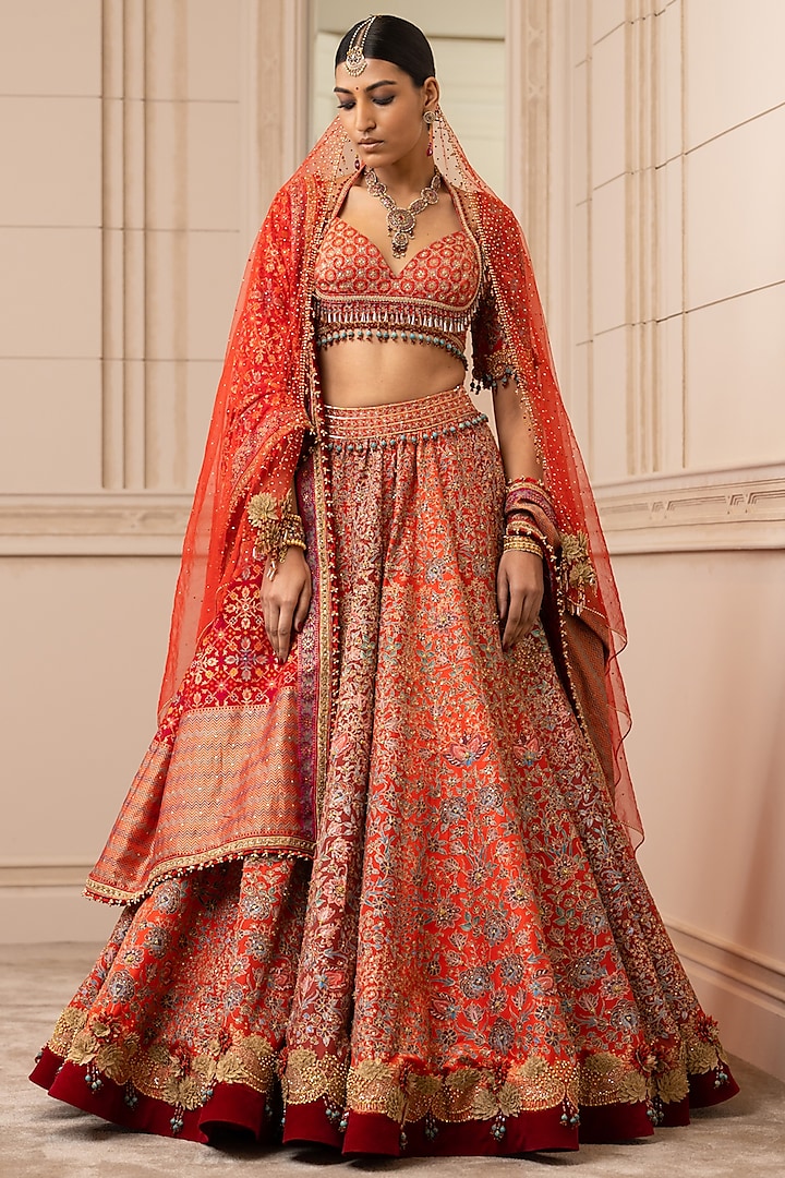 Red Printed & Embroidered Bridal Lehenga Set With Veil by Tarun Tahiliani at Pernia's Pop Up Shop