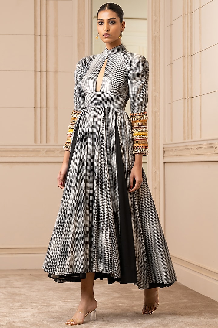 Black & Grey Handloom Anarkali Dress by Tarun Tahiliani