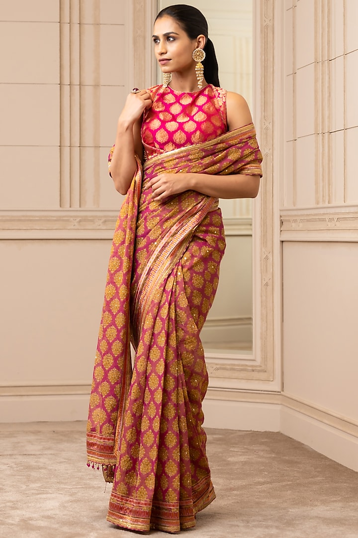 Fuchsia & Mustard Printed Saree Set by Tarun Tahiliani at Pernia's Pop Up Shop